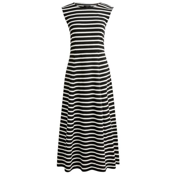 J. Crew Black Striped Cap Sleeve Cotton Knit Midi Dress - Picture 3 of 11